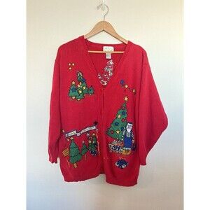 VTG Christmas Ugly Red Knit Embroidered Sweater Cardigan 1X Holiday Santa Granny